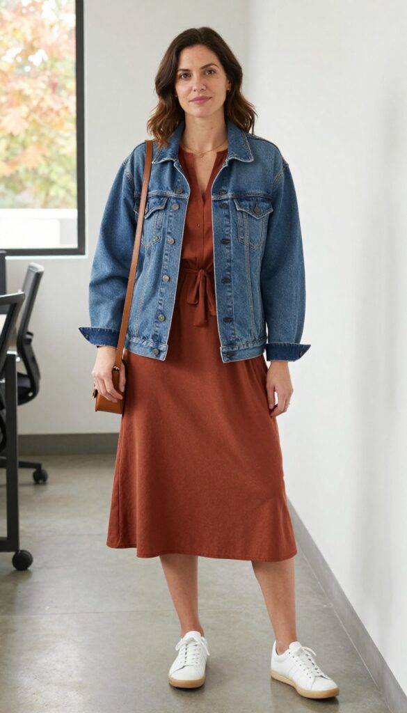 10. Denim Jacket + Midi Dress + Sneakers