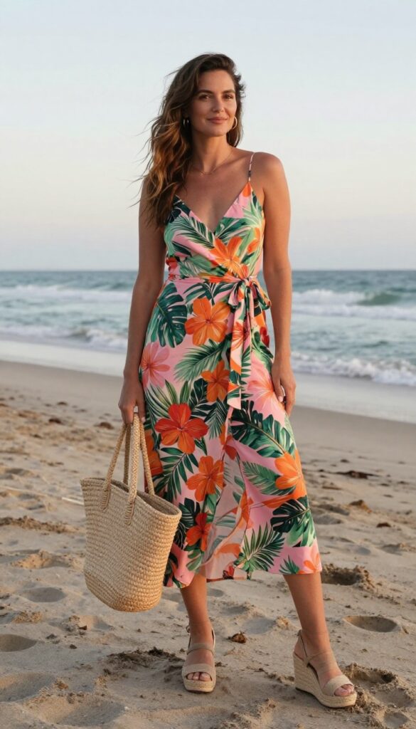 8. Coastal Cool with a Floral Wrap Dress and Espadrilles