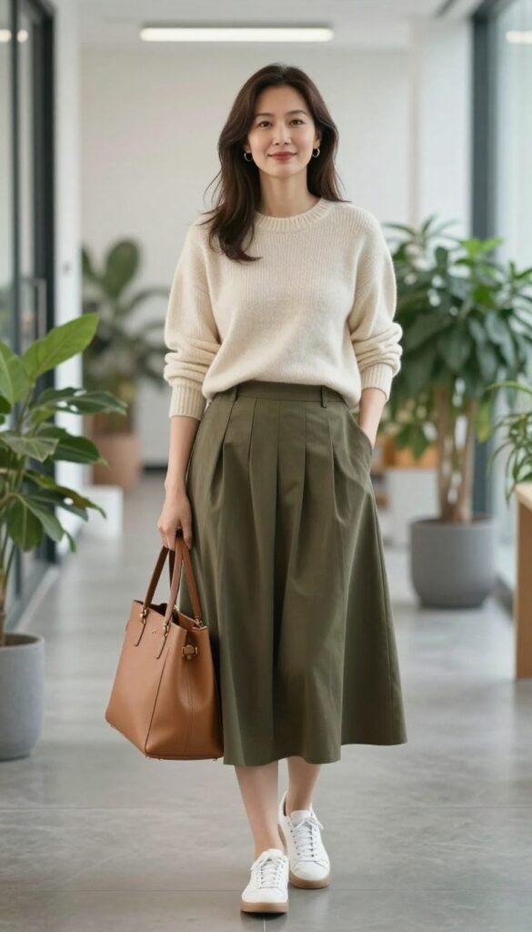 7. Cashmere Sweater + Pleated Midi Skirt + Sneakers