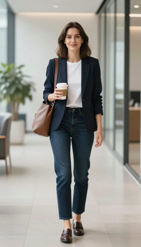 1. The Classic Blazer and Dark Wash Jeans