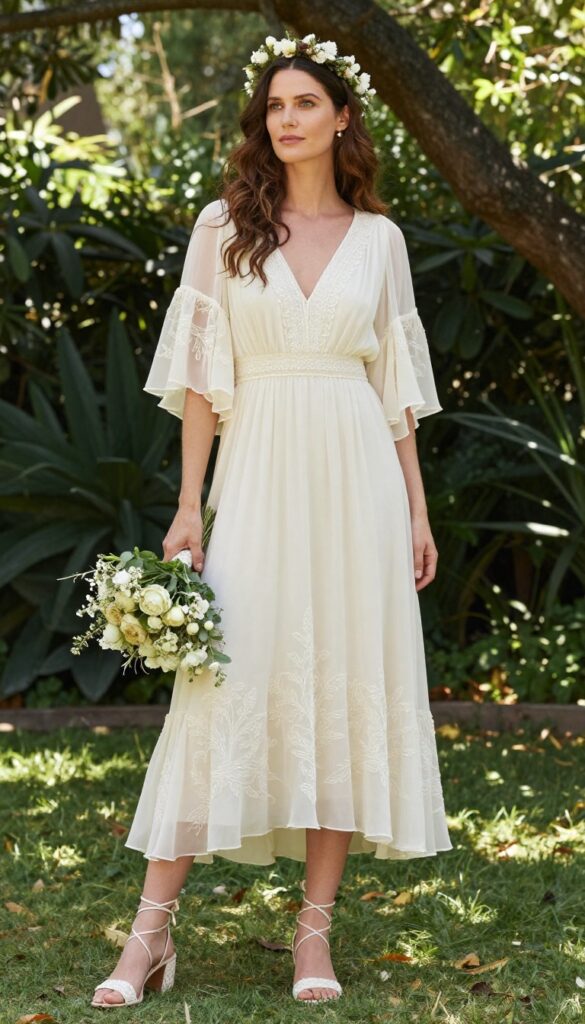 A young woman in a flowing chiffon wedding dress with flutter sleeves and a chapel train, standing in a sunlit garden with loose wavy hair, a flower crown, and a small bouquet of wildflowers, natural makeup and soft smile.
