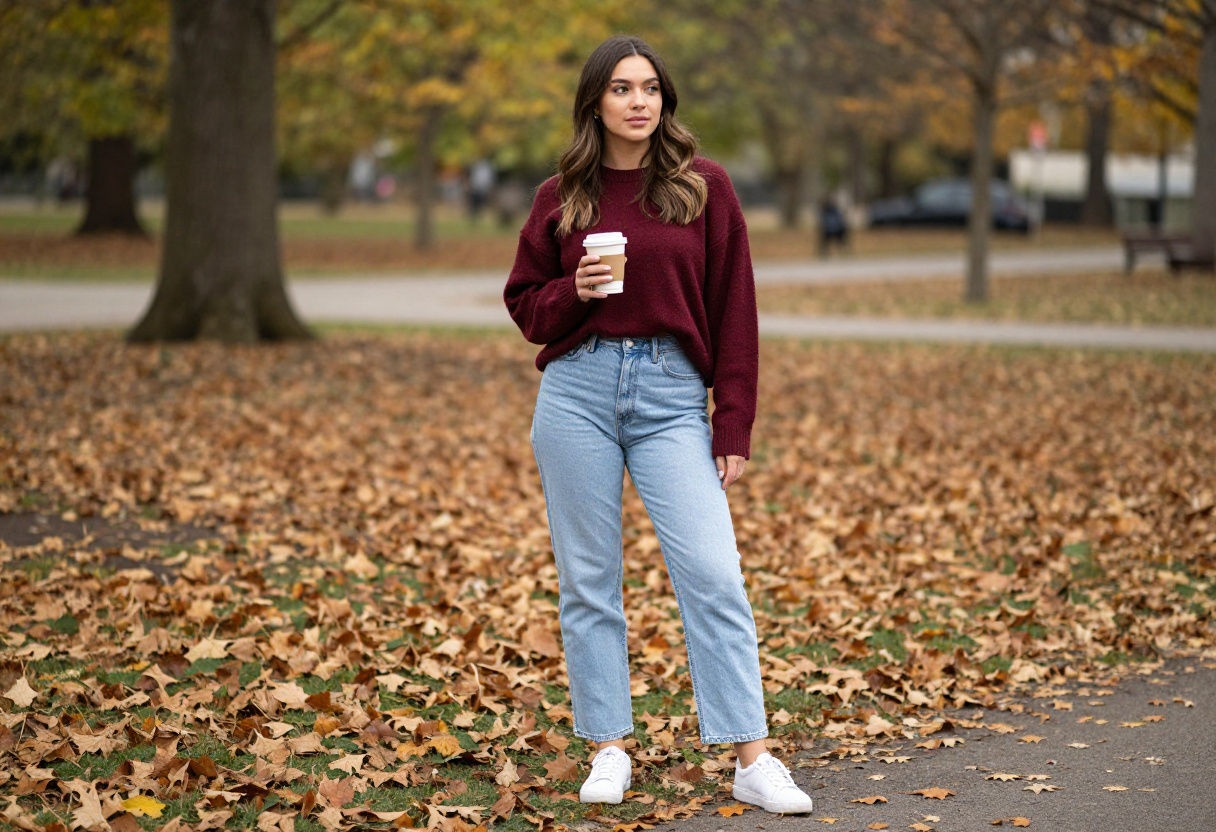 Woman in burgundy sweater and jeans standing in autumn park