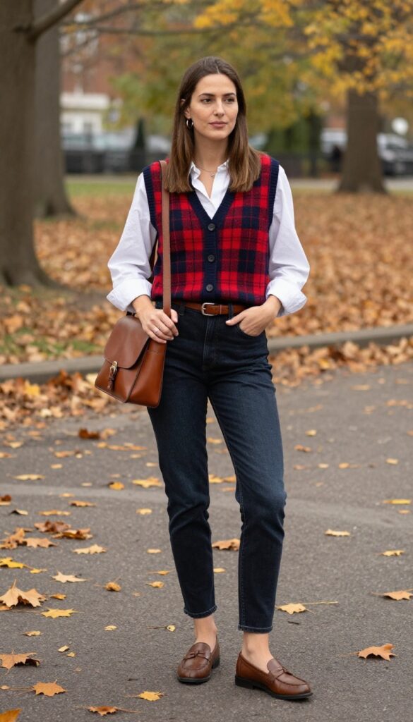 10. Plaid Vest + White Blouse + Dark Wash Jeans + Loafers
