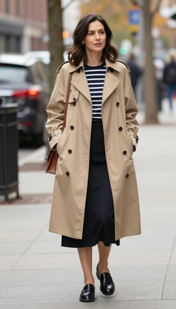 11. Trench Coat + Striped Top + Black Skirt + Loafers