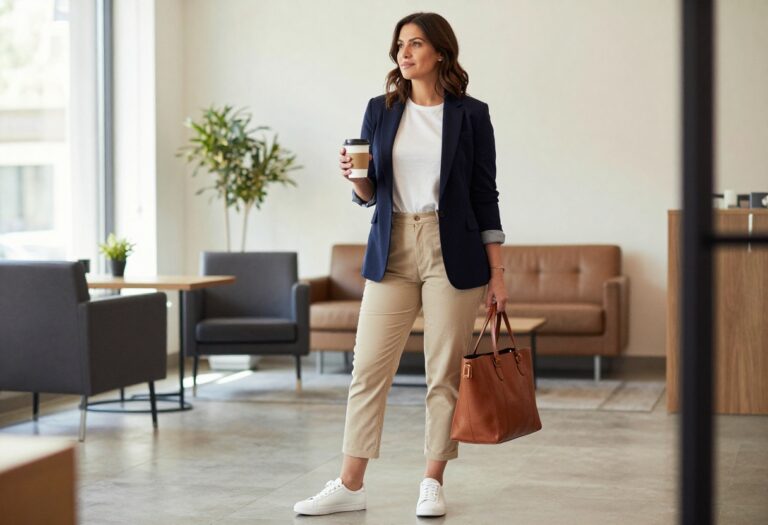 Woman in navy blazer, white tee, cropped trousers, and white sneakers standing in office lobby