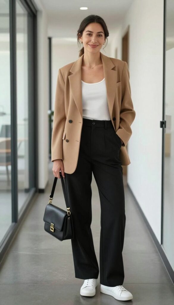 11. Cropped Blazer + High-Waisted Trousers + Sneakers