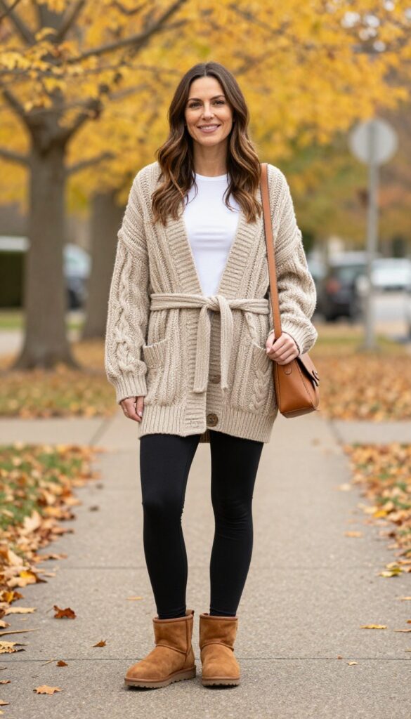 6. Chunky Cardigan + Leggings + UGG Boots