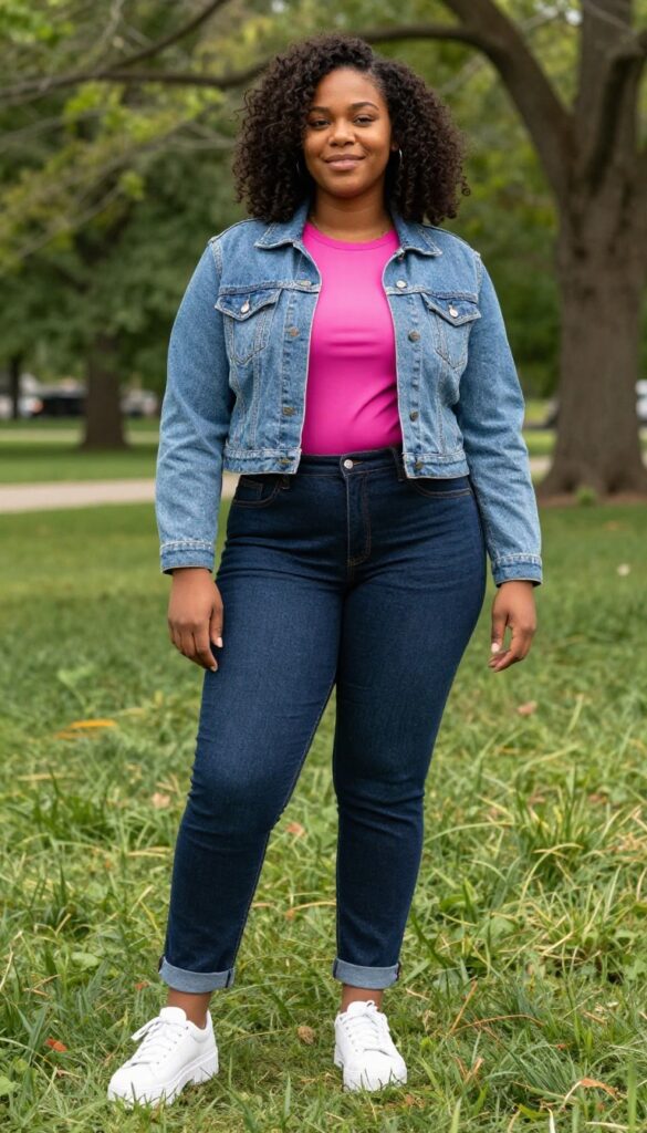 2. Denim on Denim with a Pop of Color