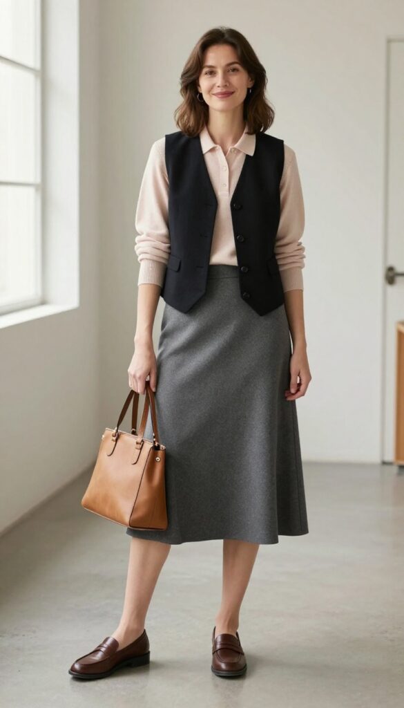 7. Black Vest + Knit Polo + A-Line Skirt