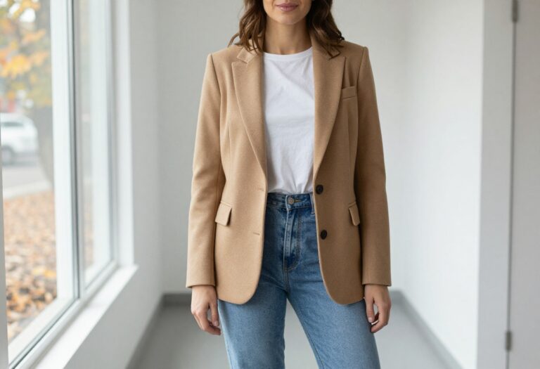 Woman in camel blazer, white tee, jeans, and loafers in office hallway with autumn leaves