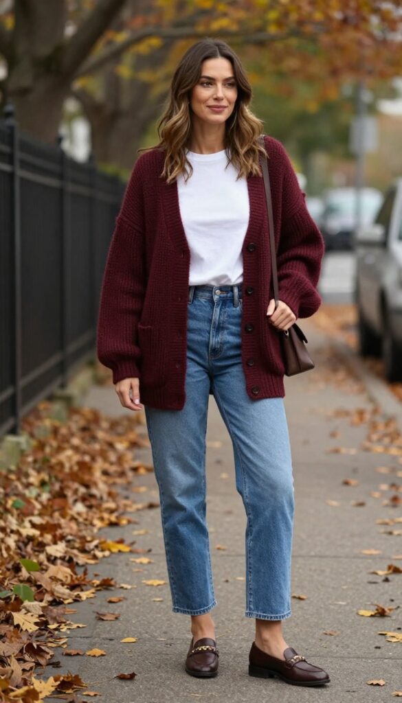 4. Burgundy Cardigan + White Tee + Blue Jeans + Loafers