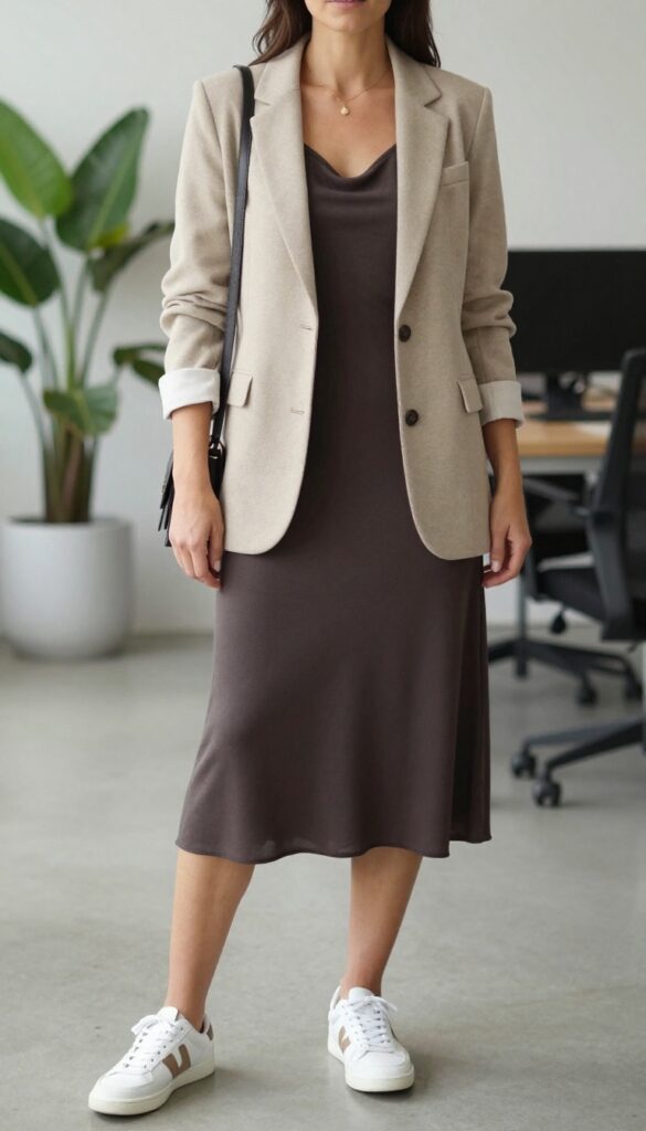 7. Knit Blazer + Slip Dress + Sneakers