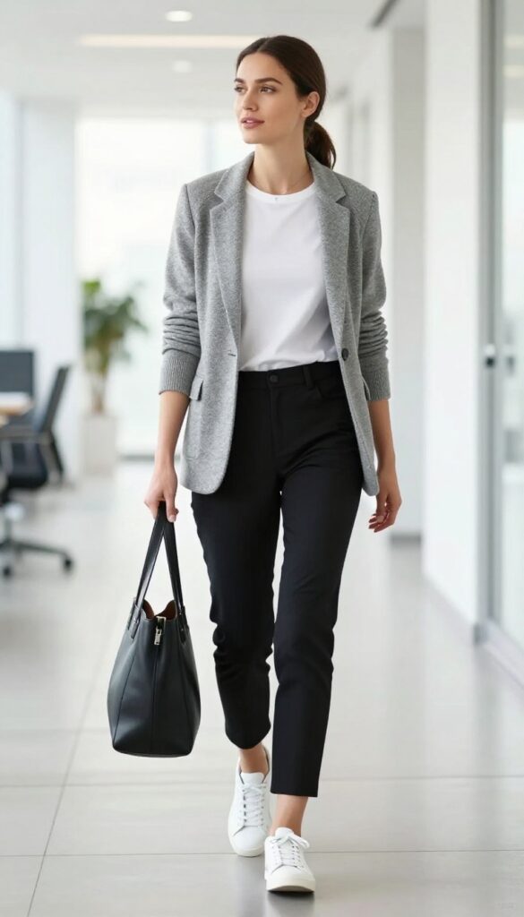 3. Gray Knit Blazer + White Tee + Black Cropped Pants