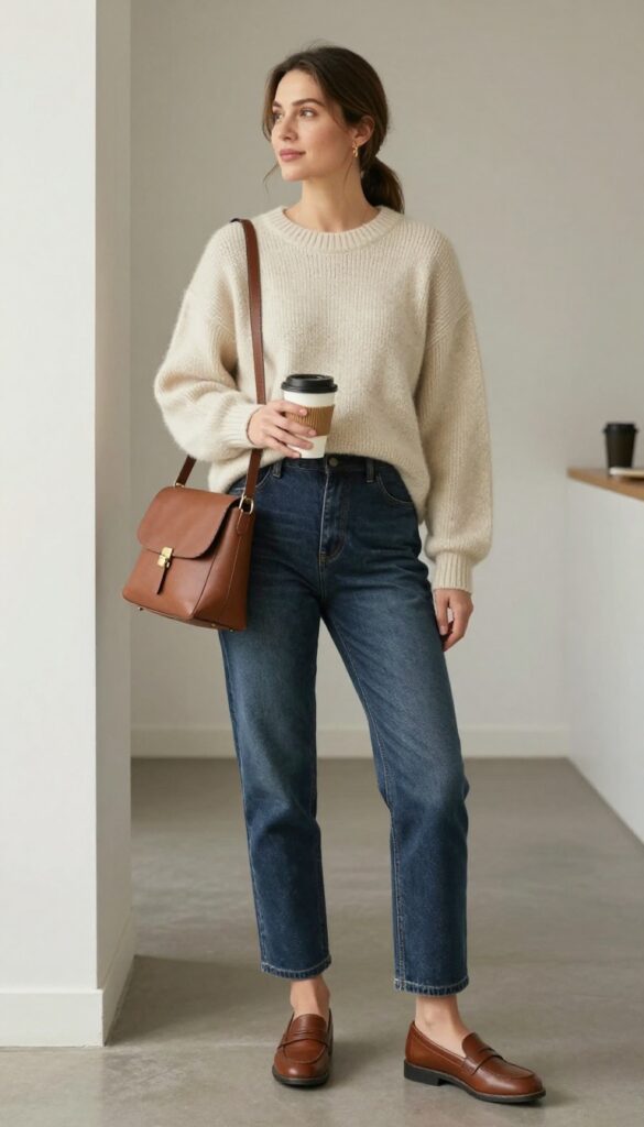 8. Maternity Jeans with a Chunky Sweater and Loafers