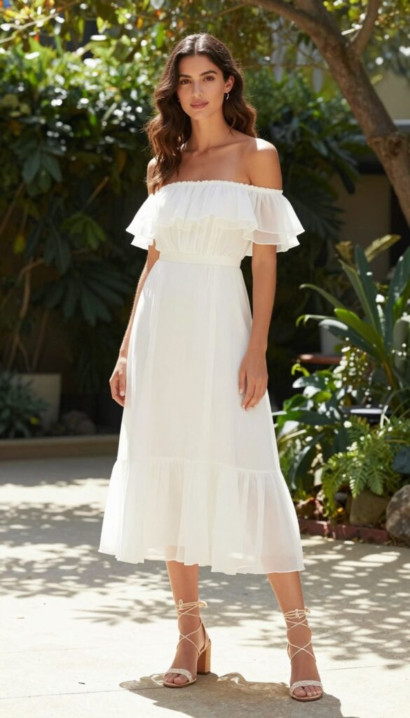 A young woman with long wavy hair wearing an off-shoulder white chiffon wedding dress with cascading ruffles, standing in a sunlit garden, smiling naturally.