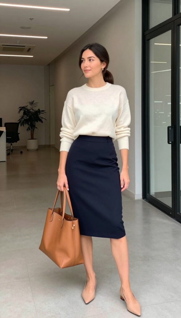 6. Navy Pencil Skirt + Cream Sweater + Pointed Flats