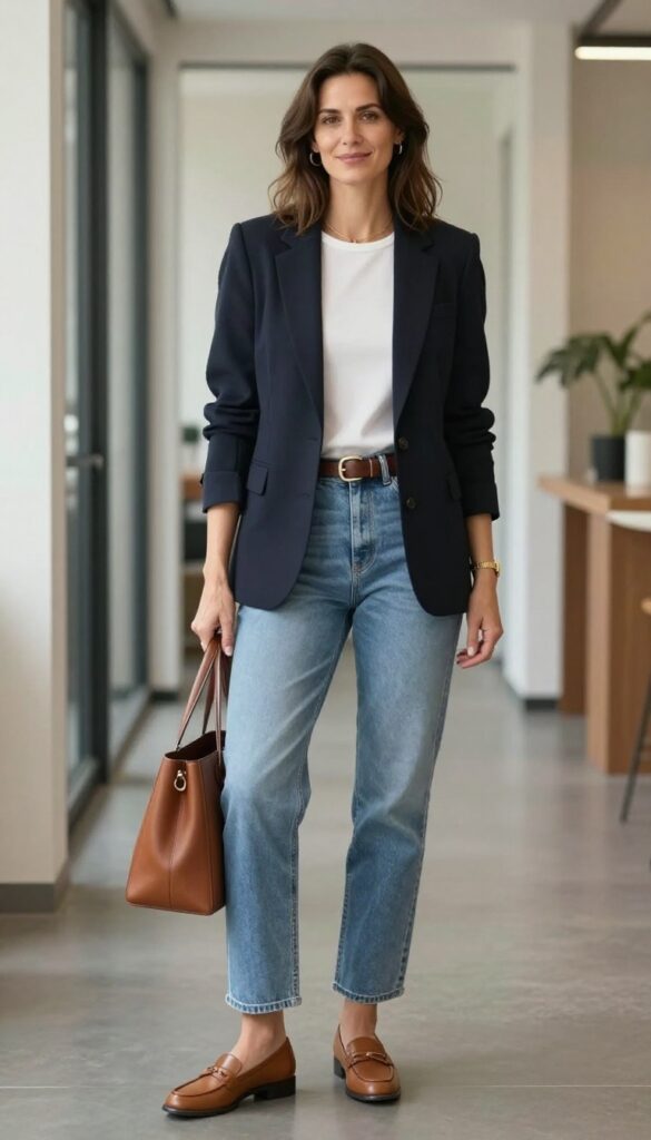 13. Blazer + Jeans + Statement Belt + Loafers