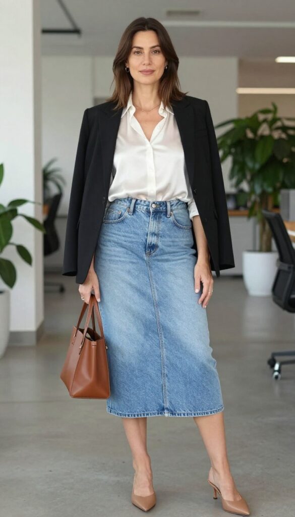 6. Denim Skirt with a Blouse and Blazer