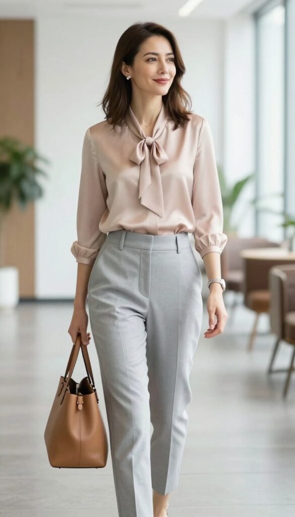 5. Blush Blouse + Gray Straight-Leg Trousers