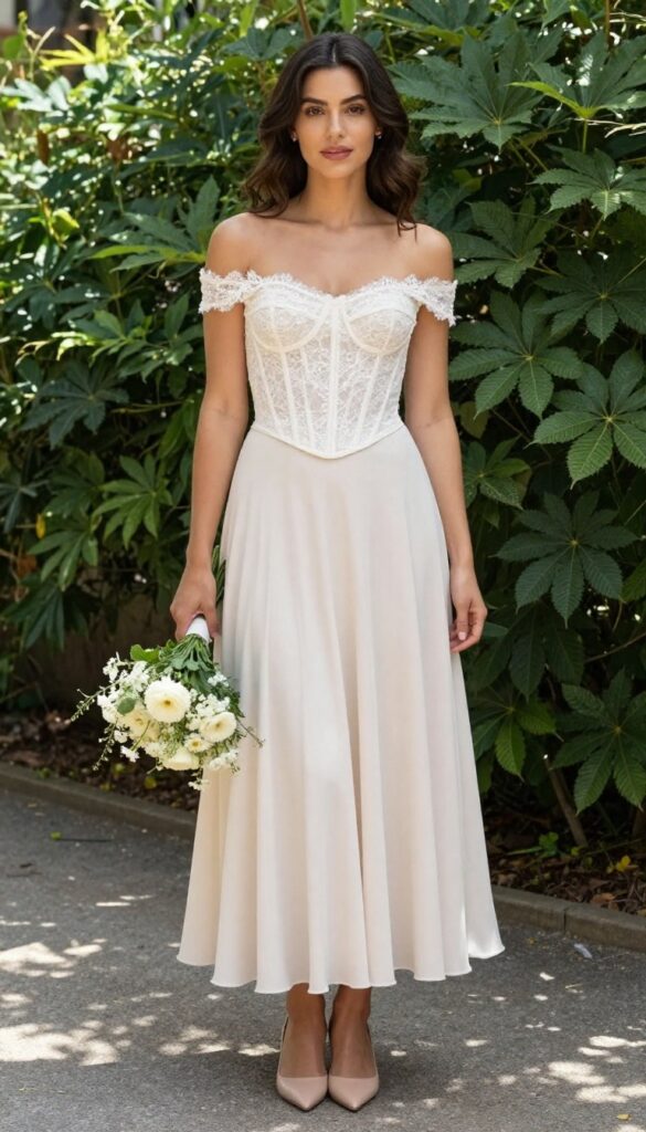 Adult woman in white lace off-the-shoulder corset and A-line skirt standing in sunlit garden with wildflower bouquet.
