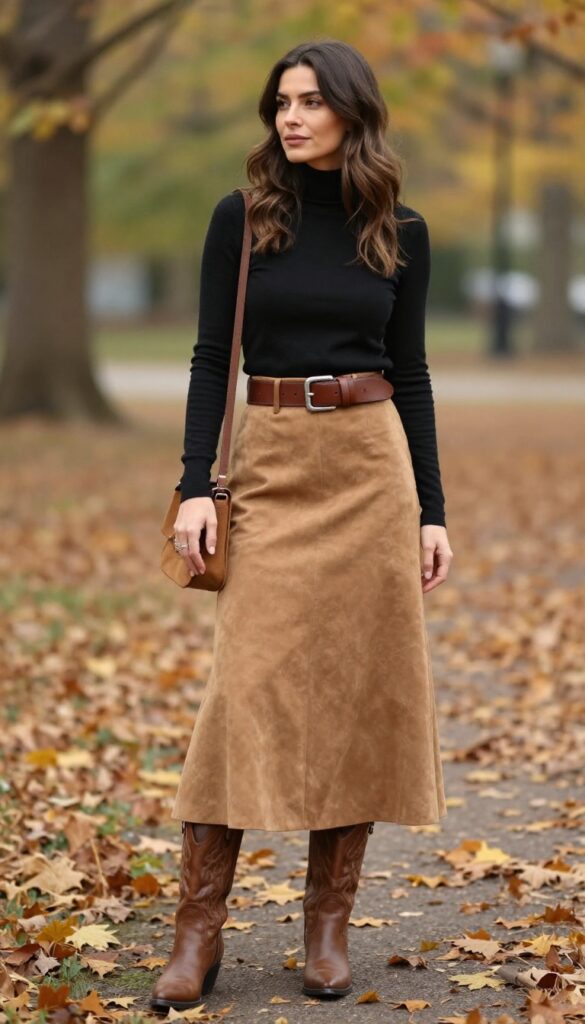 4. Suede Midi Skirt + Turtleneck + Western Boots