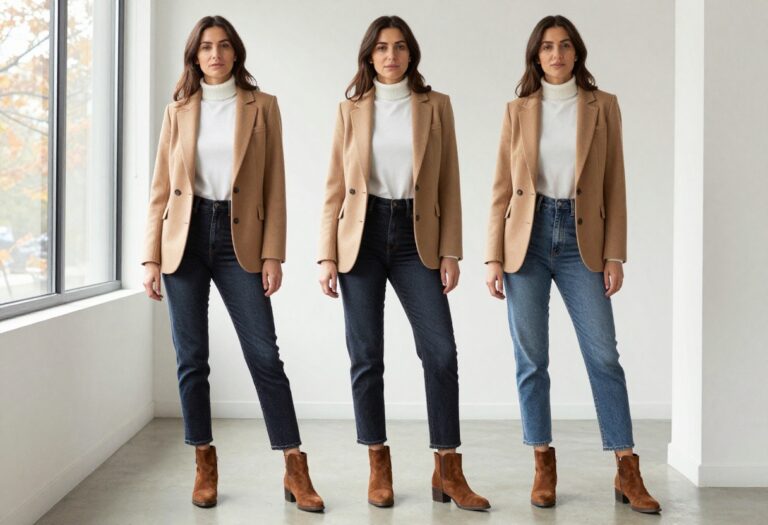 Woman in camel blazer, turtleneck, jeans, and ankle boots for fall work outfit