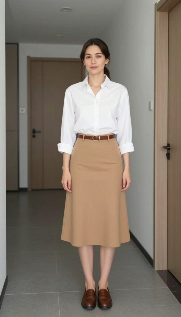 3. Camel A-Line Skirt + White Button-Down + Loafers
