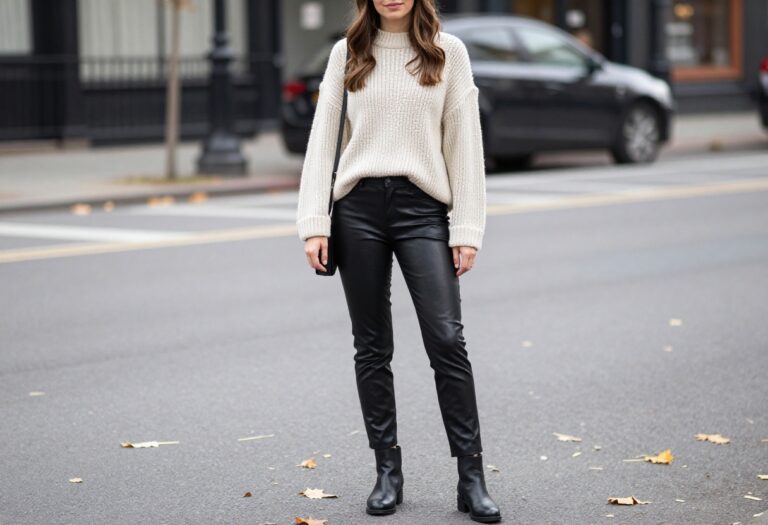 Woman in cream chunky knit sweater and black leather trousers with ankle boots for a fall going out outfit