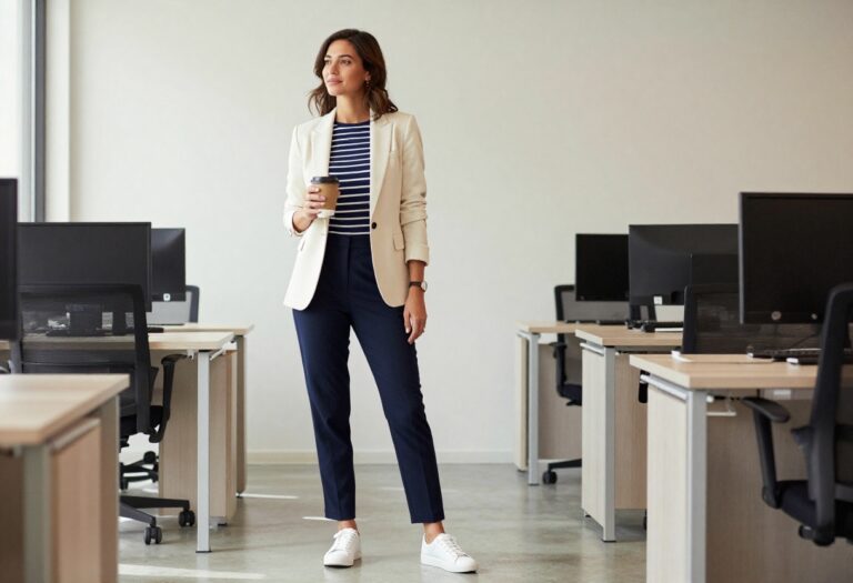 Woman in cream blazer and navy trousers with striped tee and white sneakers standing in office hallway