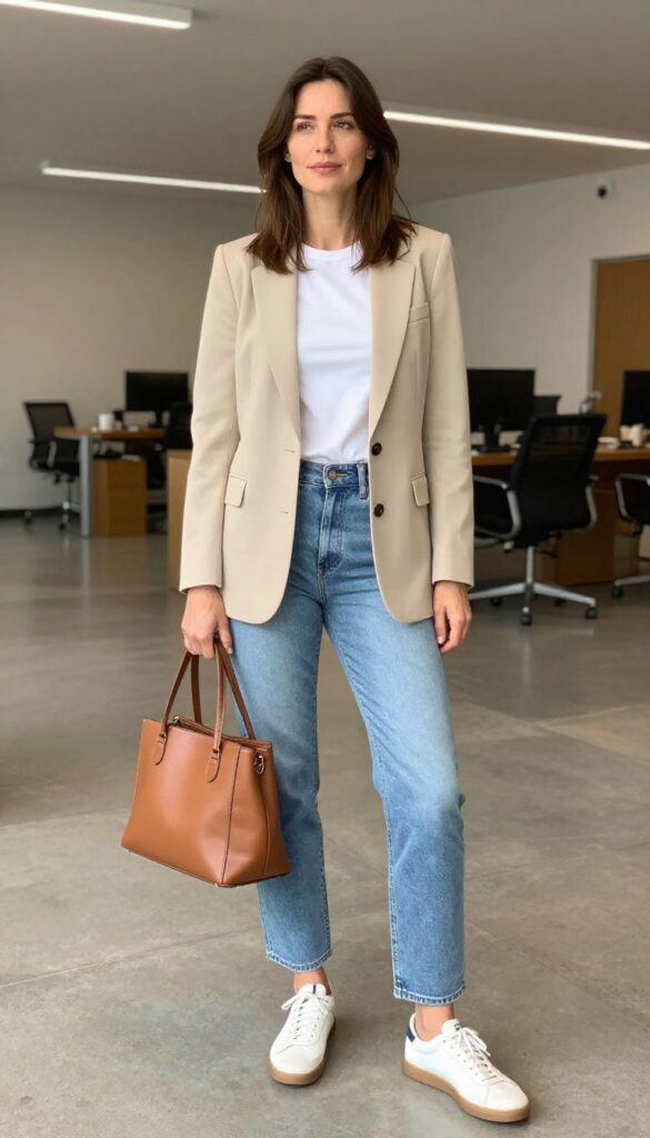 1. Blazer + T-Shirt + Straight-Leg Jeans + White Sneakers