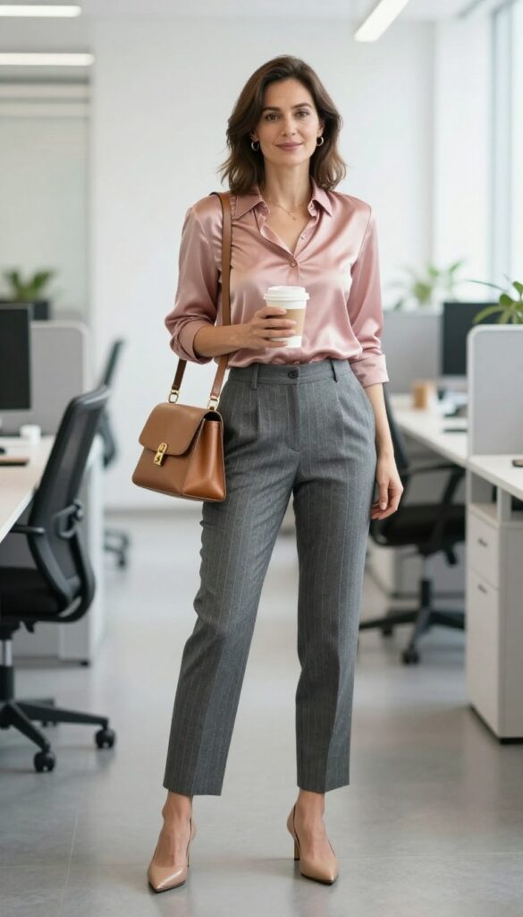 4. Blush Blouse + Grey Pinstripe Pants + Mules