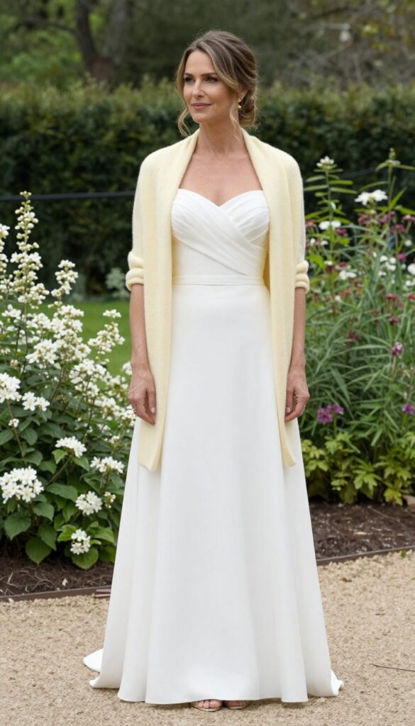Bride in white sweetheart wedding dress with soft yellow cashmere wrap, standing in garden with flowers, soft natural lighting.