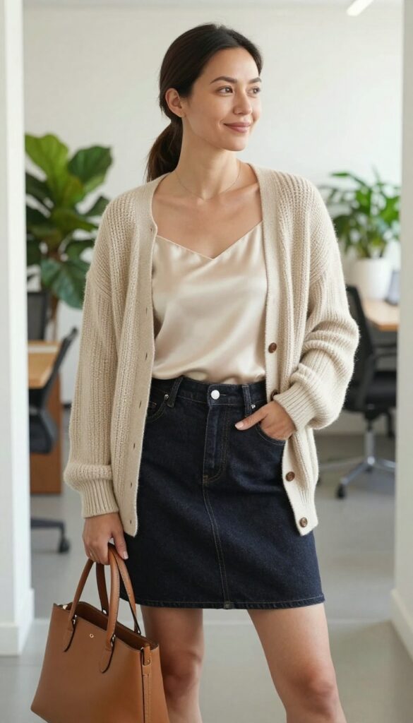 5. Denim Skirt + Silk Camisole + Cardigan