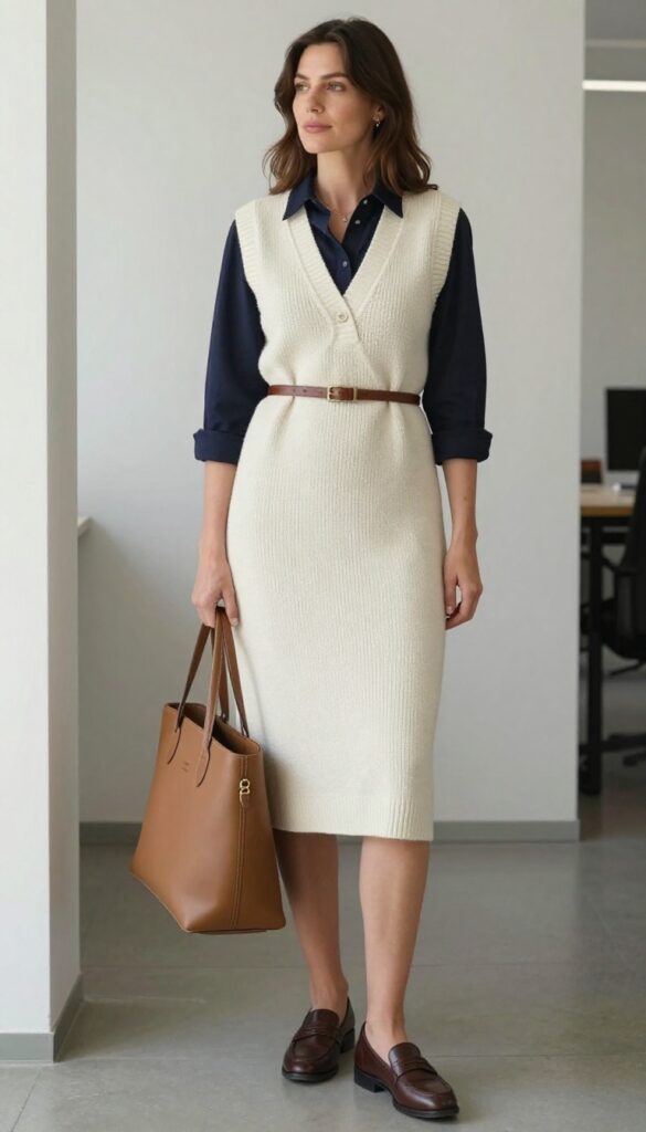 7. Knit Vest with a Collared Dress