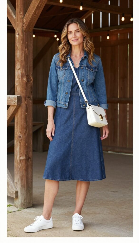 Woman in navy A-line dress and denim jacket at rustic barn wedding