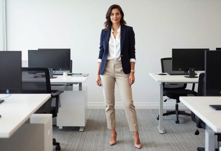 Woman in navy blazer and beige trousers standing in a bright office