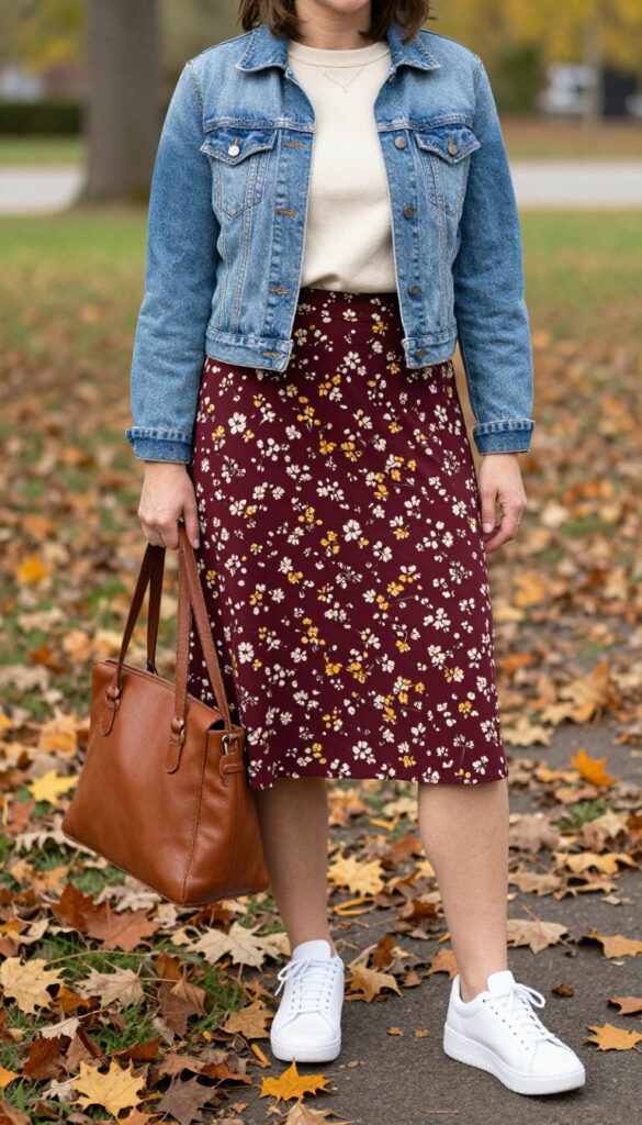 5. Denim Jacket with a Floral Midi Skirt and Chunky Sneakers