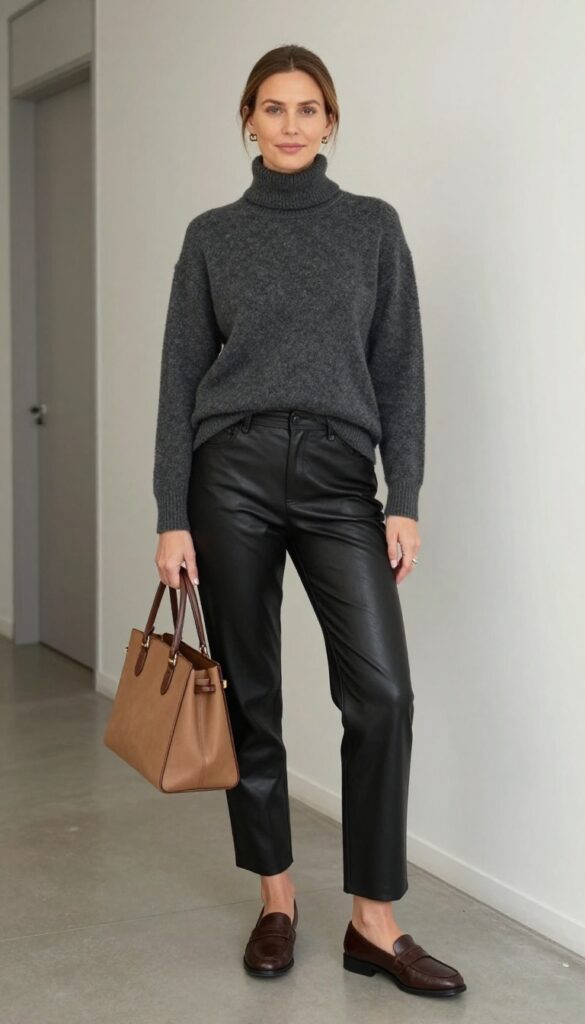 8. Mock-Neck Sweater with Leather Pants and Blazer