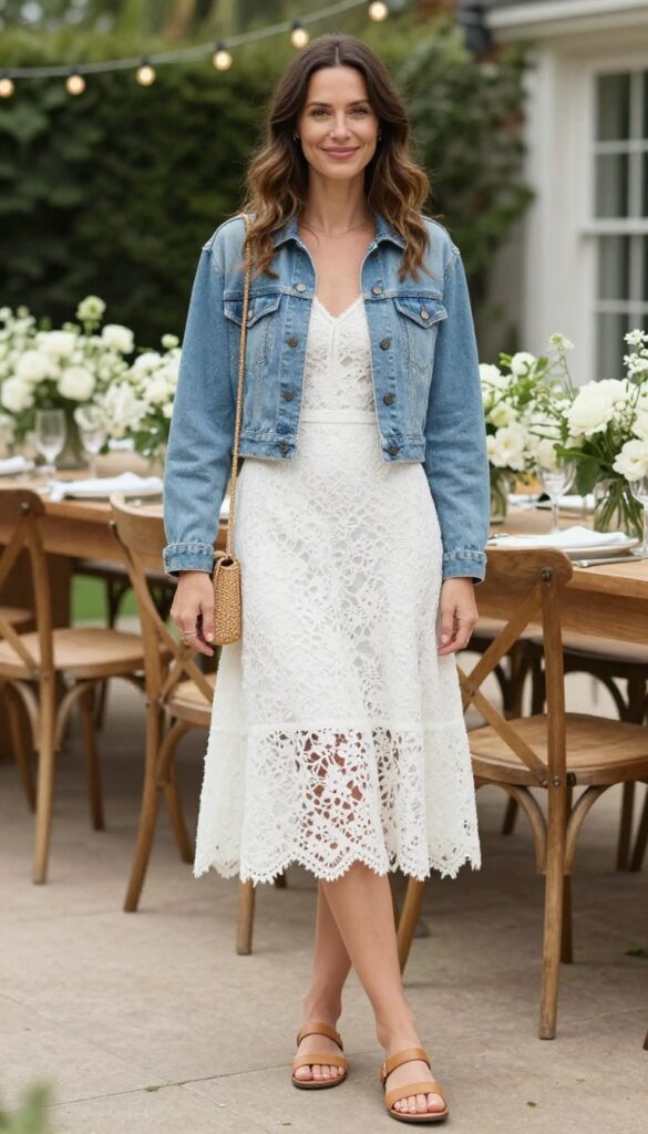 Woman in white lace midi dress and cropped denim jacket at garden wedding reception