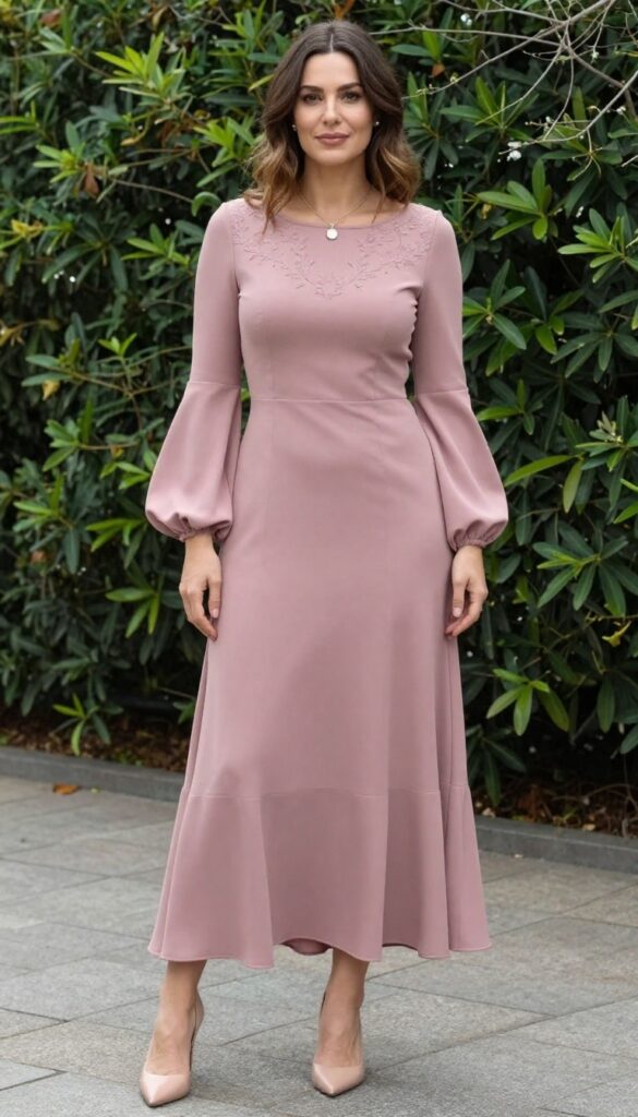 A woman in her late 20s wearing a mauve pink wedding dress with illusion neckline and long flared sleeves, standing in a garden with soft natural light, minimal jewelry, and nude heels.