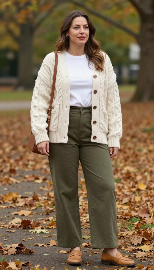 3. Soft Cable-Knit Cardigan with Wide-Leg Trousers