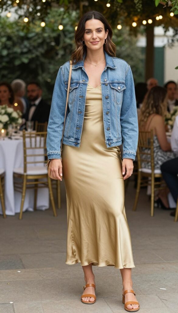 Woman in gold corset slip dress with denim jacket at outdoor wedding reception