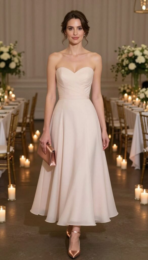Woman in pastel blush sweetheart wedding dress with rose gold metallic heels and clutch, standing in elegant indoor reception venue.