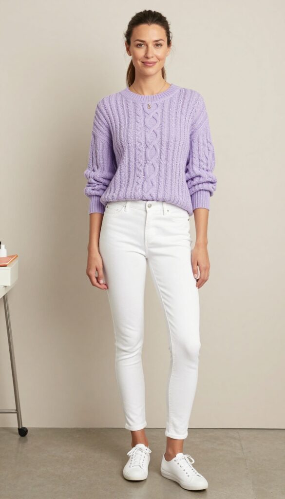 10. Pastel Sweater with White Jeans and Clean White Keds