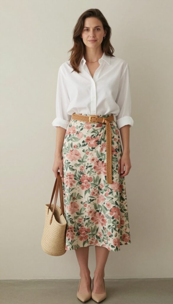 7. Floral Wrap Skirt + White Button-Down