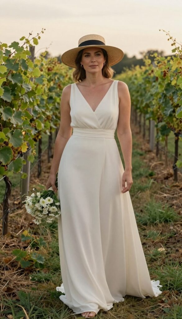 Woman in ivory drop waist chiffon wedding dress with wide-brim straw hat, standing in vineyard at golden hour, holding white bouquet, smiling gently.