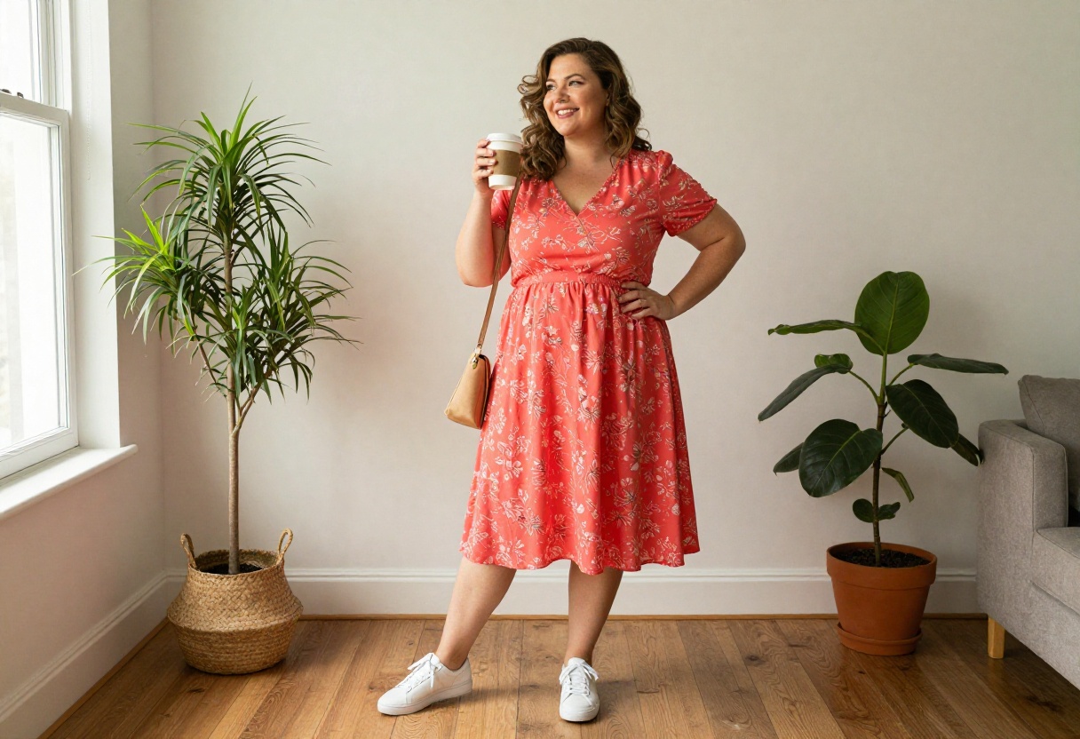 Plus-size woman in a bright coral floral midi dress with white sneakers, standing in a sunlit living room