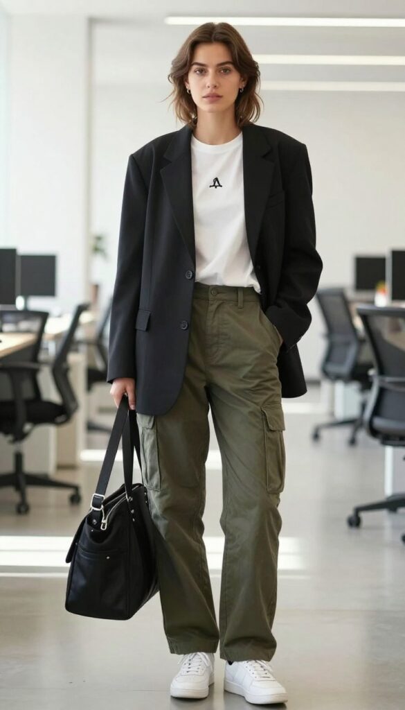 11. Graphic Tee + Blazer + Cargo Pants + Clean Sneakers