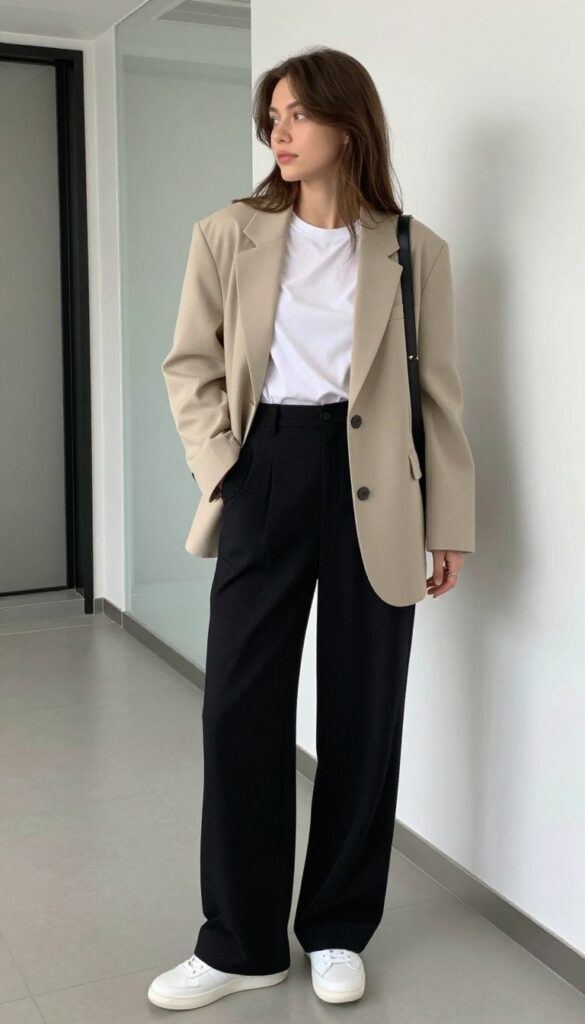 1. Blazer + Wide-Leg Trousers + Sneakers
