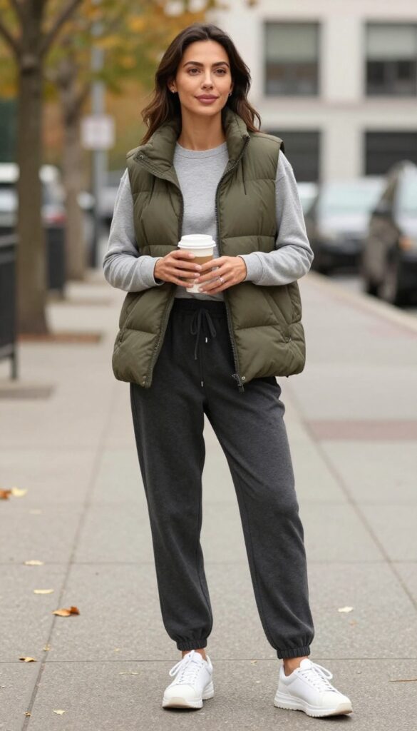 10. Puffer Vest + Long-Sleeve Tee + Joggers + Chunky Sneakers